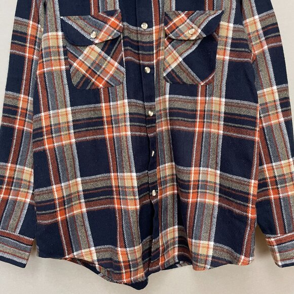 Vintage Plaid Shirt Shacket Men Large Long Sleeve Pockets Acrylic Button-Up Navy - Picture 4 of 14
